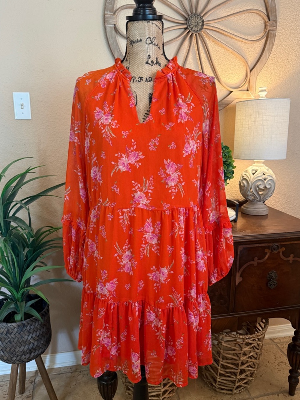 Vince Camuto Floral Tiered Long Sleeve Dress in Bright Orange